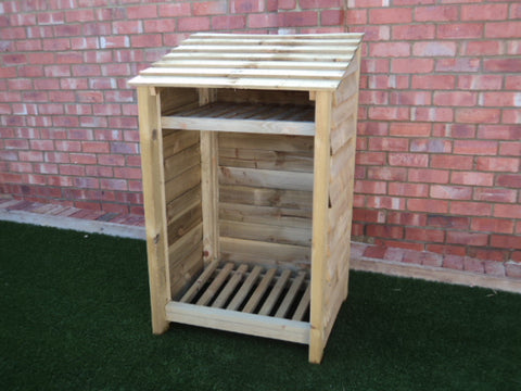 Small featheredge log store with shelf
