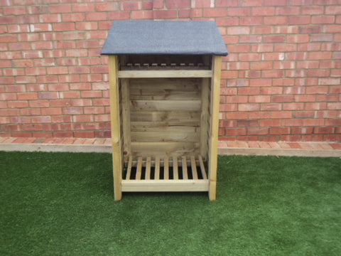 Small featheredge log store with felt roof and shelf