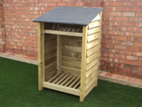 Small featheredge log store with felt roof and shelf