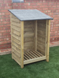 Small featheredge log store with felt roof