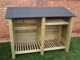 Large featheredge log store with felt roof and shelf