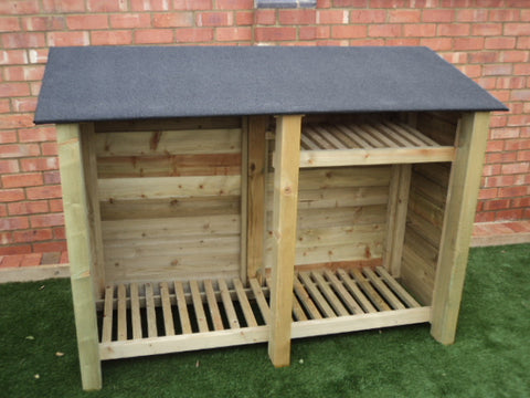 Large featheredge log store with felt roof and shelf