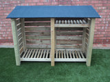 Large slatted log store with felt roof and shelf