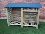 Large slatted log store with felt roof and shelf