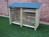 Large slatted log store with felt roof and shelf