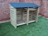Large slatted log store with felt roof and shelf