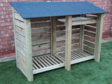 Large slatted log store with felt roof and shelf