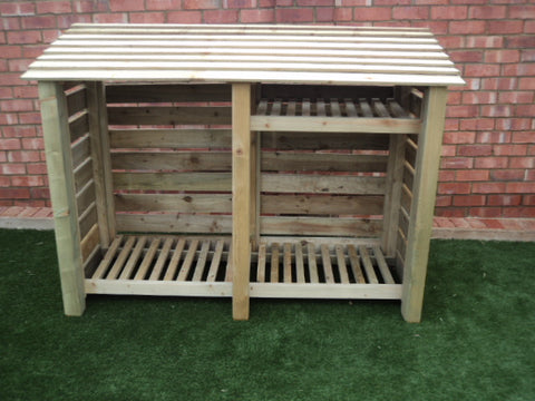Large slatted log store with shelf