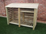 Large slatted log store with shelf