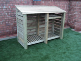 Large slatted log store with shelf