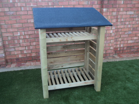 Medium slatted log store with felt roof and shelf