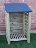 Small slatted log store with felt roof