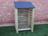 Small slatted log store with felt roof