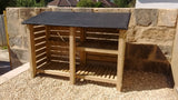 Large slatted log store with felt roof and shelf