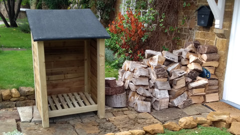 Small featheredge log store with felt roof